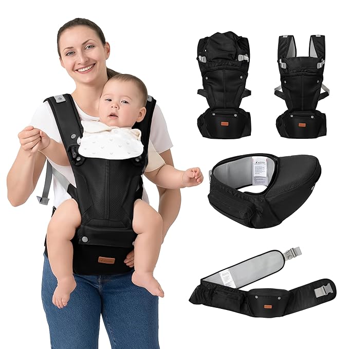 BabbleRoo Grow Carrier – Safety-Certified 6-in-1 Baby Carrier with Hip Seat, Ergonomic & Adjustable Toddler Carrier 7-50 lbs with Hip Support, Hood for Sun Protection, Newborn to Toddler, Black-CubbioJoy