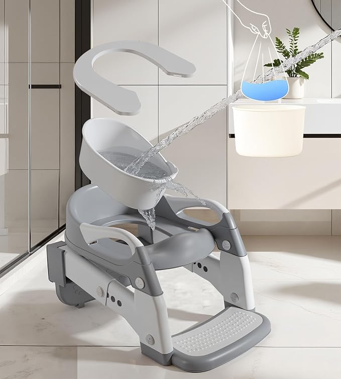 2-in-1 Toddler Potty Training Toilet Seat with Step Stool Ladder – Adjustable Height Potty Chair Urinal for Baby Boys Girls Age 1-3, Foldable Training Potty with Splash Guard & Anti-Slip Feet, Grey-CubbioJoy