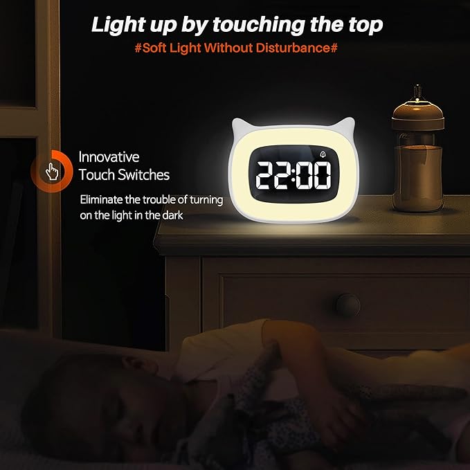 Kids Alarm Clock with Night Light & 18 Ringtones,Rechargeable,Cute Cat Ear Clock for Boys Girls Birthday Presents,Digital Clock for Children's Bedroom(White)-CubbioJoy
