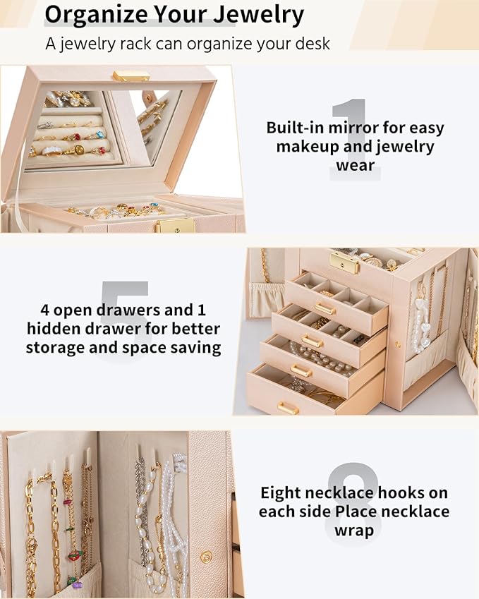 AKOZLIN 5-Tier Jewelry Box Leather Jewelry Storage Organizer with 4 Drawers Lockable for Women Girls Ring Necklace Earring Bracelet Watches Holder with Mirror Champagne-CubbioJoy