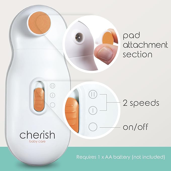 Cherish Baby Care Baby Nail Trimmer Electric - Automatic Safety Stop, BPA-Free & Safety-Tested Electric Nail File Baby, Includes 4 File Pads, 0-12+ Months-CubbioJoy