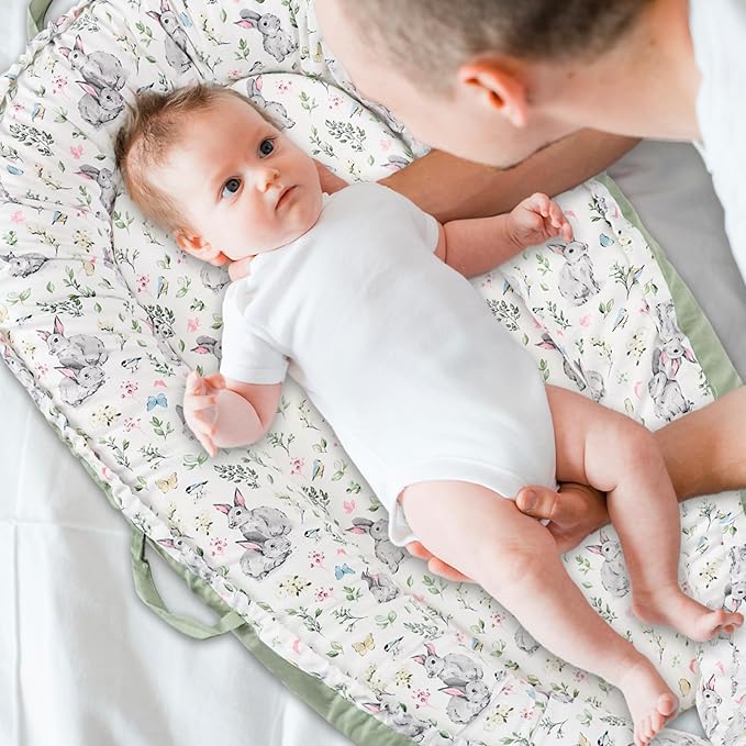 Baby Lounger Cover for Boys Girls, Reversible Baby Nest Cover, Adjustable Baby Lounger Replaceable Cover for Infant Newborn, Portable and Machine Washable, Cotton Green Rabbit Cover Only-CubbioJoy