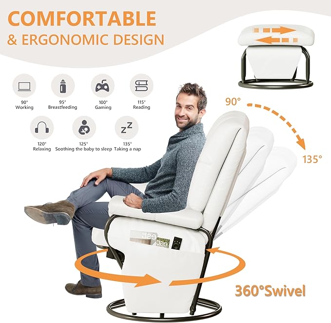 JIASTING 360° Swivel Leather Recliner Chair with Ottoman & Double Side Pockets, Nursing Glider Rocking Recliner Chair, Gliding Chairs for Nursery, Living Room, Office, Bedroom, Metal Frame (White)-CubbioJoy