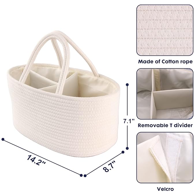 Baby Diaper Caddy Organizer for Girl Boy Cotton Rope Nursery Storage Bin Basket Portable Holder Tote Bag for Changing Table Car Travel Baby Shower Gifts Newborn Essentials Registry Must Haves White-CubbioJoy
