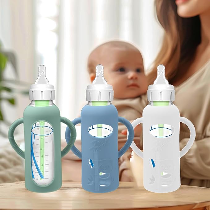 3 Pack Silicone Sleeves for Dr. Brown's Glass Baby Bottles - Drop Protection Baby Bottle Sleeves,Compatible with Dr. Brown's Newborn Glass Bottles,with Silicone Handles,8 oz-CubbioJoy