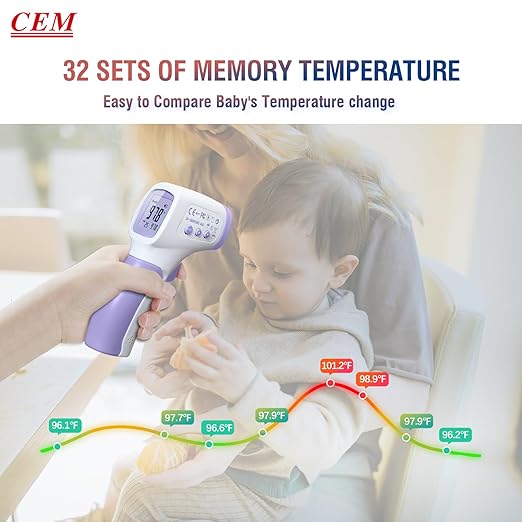 CEM DT-8806 Digital Thermometer for Adults and Kids, No Touch Forehead Thermometer for Baby, 2 in 1 Body Surface Mode Infrared Thermometer with Fever Alarm and Instant Accuracy Readings, Purple-CubbioJoy