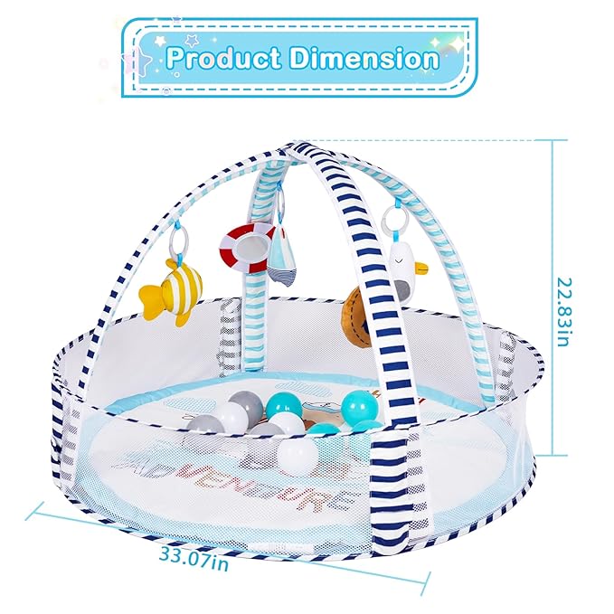 Baby Play Mat, 4-in-1 Baby Play Gym Tummy Time Mat with Ball Pit and 5 Detachable Toys for Newborn to Develop Sensory Exploration and Motor Skill 0-6-12 Months-CubbioJoy