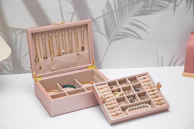 2-layer jewelry box，Jewelry Organizer with Handle，with hanging necklace hooks, detachable jewelry trays, suitable for storing a large amount of jewelry gift box (rose gold)-CubbioJoy