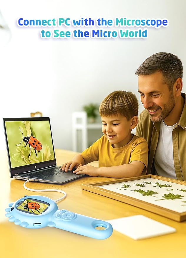 2-in-1 Microscope Camera for Kids, Mini Handheld Microscope Supporting Multiple Viewing Angles, Outdoor Educational Science Adventure Toys, Birthday Gifts for 3-10 Years Old Boys Girls, Blue Dinosaur-CubbioJoy
