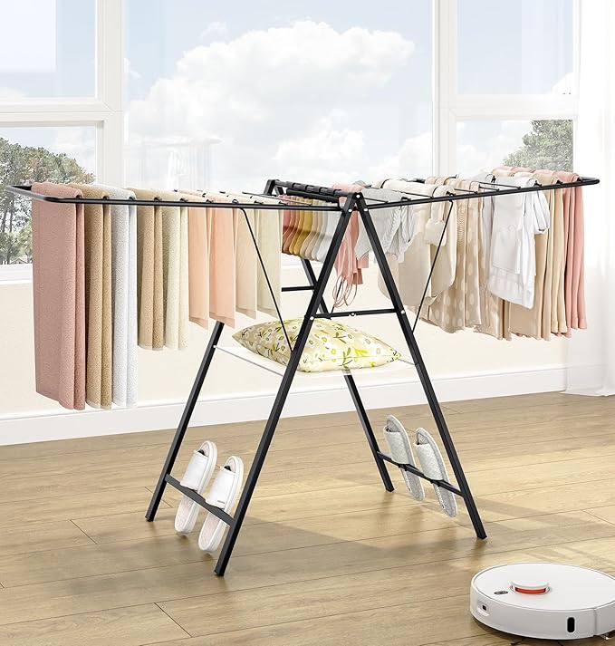 APEXCHASER Foldable Clothes Drying Rack, Metal Laundry Drying Rack Collapsible, Ultra Thin Clothes Rack for Sweater Bra Towel for Indoor & Outdoor Use, Height Adjustable Gullwing Clothes Airer, Black-CubbioJoy