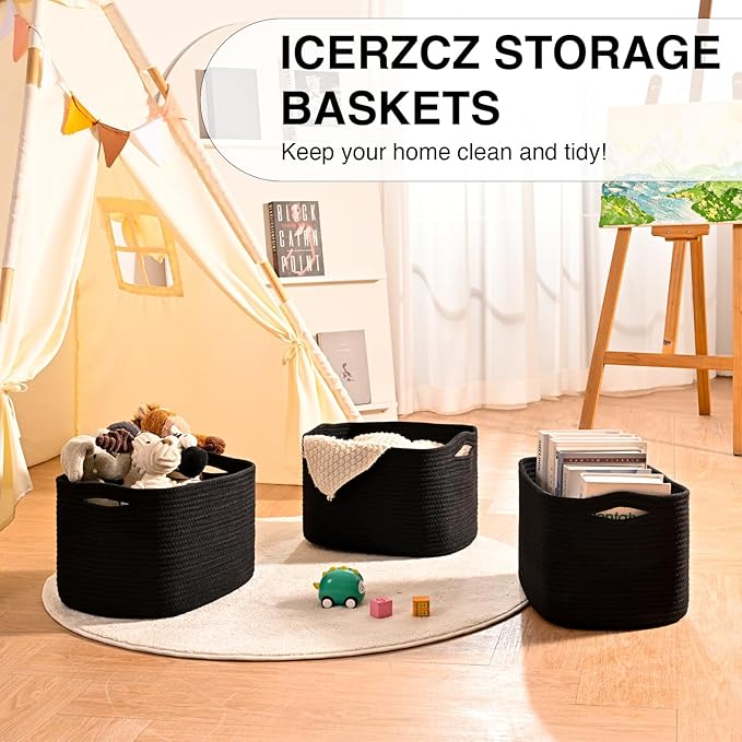 Black Storage Baskets for Organizing Shelves, Toy Basket for Nursery, Woven Cotton Rope Basket for Decor, Towel Baskets for Bathroom, 15"x11"x9.5", 3 Packs, Black-CubbioJoy
