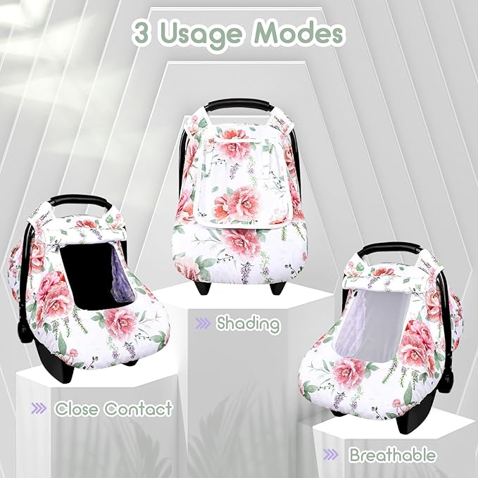 Baby Carseat Cover Girls, Pea Pod Floral Infant Car Seat Covers Canopy for Newborn with 2 Layers Windows of Breathable Mesh/Fabric, Lightweight Polyester/Minky Dot Backing, Snug Fit Most Baby Car Seat-CubbioJoy