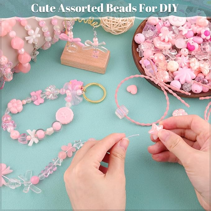 Assorted 170-230PCS Pink Acrylic Beads for Bracelet Making, Flower Bow Butterfly Candy GummyBear Aesthetic Bracelet Charms,Cute Beads for Jewelry Making DIY Necklace Keychain Phone Charm-CubbioJoy