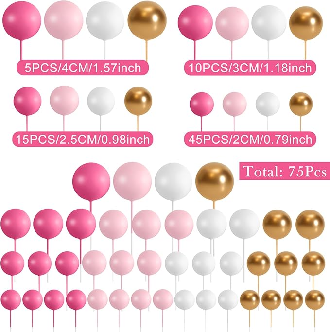 75 Pieces Cake Balls Topper Decorations Foam Cupcake Topper Mini Balloon Cake Topper Balls Cake Picks for Cake Deco Birthday Party Wedding（Rose Pink, Pink, Gold, White）-CubbioJoy