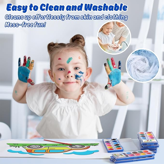 24 Packs Watercolor Paint Set Bulk, 12 Vibrant Colors Washable Watercolors with Brushes for Kids, Art Activities Painting Supplies for School Classroom Home-CubbioJoy