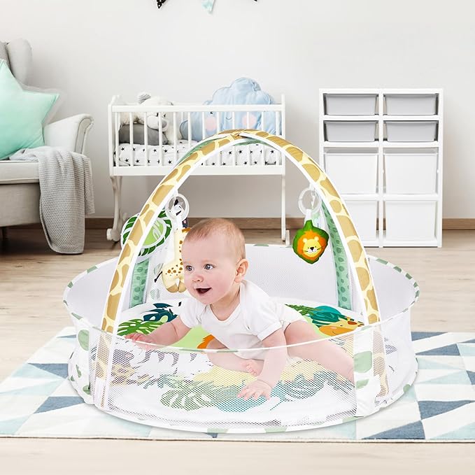 Baby Play Mat, 4-in-1 Baby Play Gym Tummy Time Mat with Ball Pit and 5 Detachable Toys for Newborn to Develop Sensory Exploration and Motor Skill 0-6-12 Months-CubbioJoy