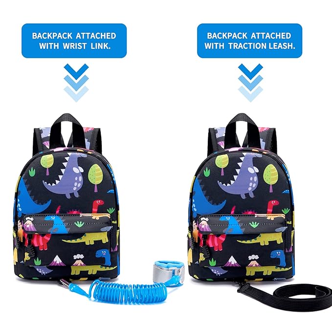 Accmor Toddler Backpack Leash with Anti Lost Wrist Link, Cute Mini Child Walking Harnesses Keep Kids Close Back Pack Rope Tether Rein for Baby Boys (Black/Dino)-CubbioJoy