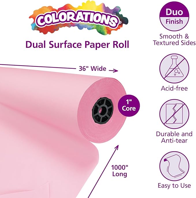Colorations Arts and Crafts Paper Roll - 36" x 1000', Pink, Dual Surface, Markers, Finger Paints, Painting, Watercolors, Acrylic Paints, Wall Art, Bulletin Board Paper, Kids Crafts (Item # DSPK)-CubbioJoy