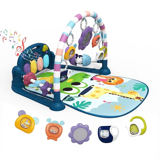 dearlomum Baby Play Mat Baby Gym,Funny Play Piano Tummy Time Baby Activity Mat with 5 Infant Sensory Baby Toys, Music and Lights Boy & Girl Gifts for Newborn Baby 0 to 3 6 9 12 Months（New Blue）-CubbioJoy