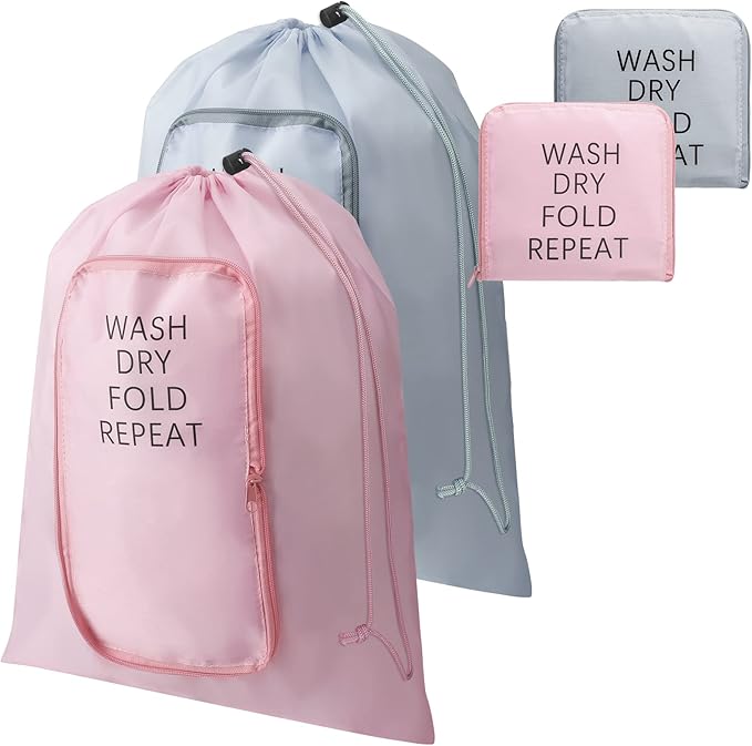 Boao 2 Pcs Travel Laundry Bag Washable Dirty Clothes Bag with Drawstring and Zipper for Suitcase, 22 x 18 Inch (Pink, Gray,Classic)-CubbioJoy