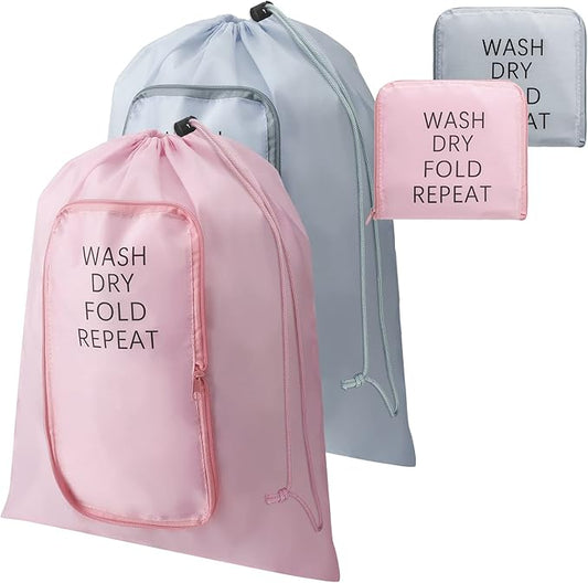 Boao 2 Pcs Travel Laundry Bag Washable Dirty Clothes Bag with Drawstring and Zipper for Suitcase, 22 x 18 Inch (Pink, Gray,Classic)-CubbioJoy