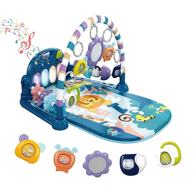 dearlomum Baby Play Mat Gym, Funny Play Piano Tummy Time Activity Mat with 5 Infant Sensory Toys, Music and Lights, Boy & Girl Gifts for Newborns 0 to 3 6 9 12 Months (Blue)-CubbioJoy