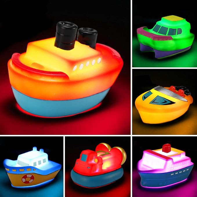 Bath Toys, 6 Packs Light up Boat Floating Rubber Set, Flashing Color Changing Light in Water, Tub Gift for Baby Infant Toddler Child Kid, Bathtub Ship Toy for Bathroom Shower Game Swimming Pool Party-CubbioJoy