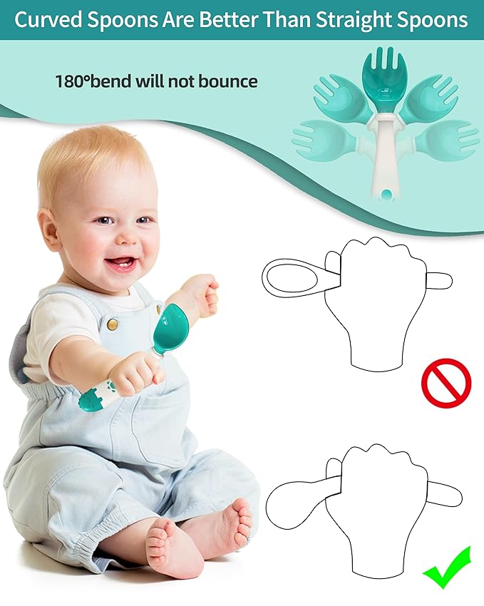 Deejoy Toddler Utensils, Self-feeding Flatware Set withTravel Case, Baby Spoons and Forks with Silicone Bendable Handle, Easy Grip Heat-Resistant, Ideal for Kids, Stage 2 (Green)-CubbioJoy