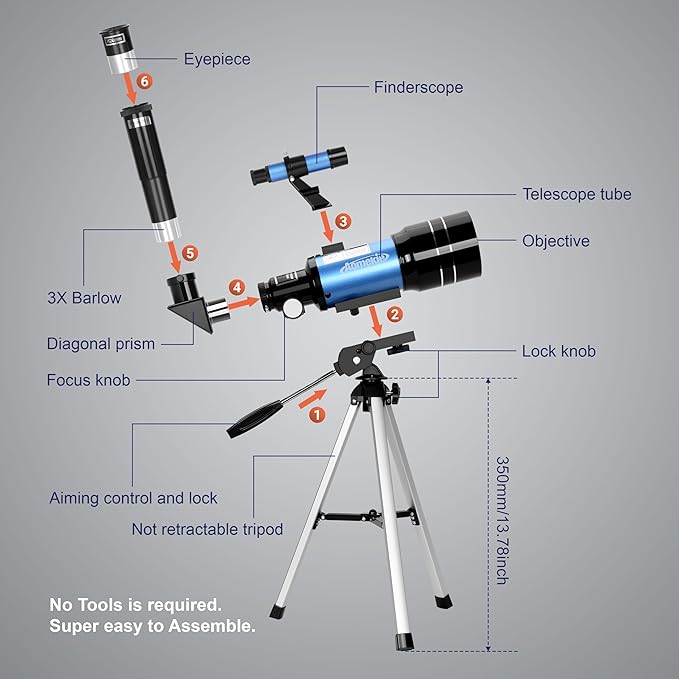 AOMEKIE Telescopes,70mm Aperture 300mm Table Tripod, Astronomical for Beginners,2 Eyepieces 150X with Smartphone Adapter Moon Filter 3X Barlow-CubbioJoy
