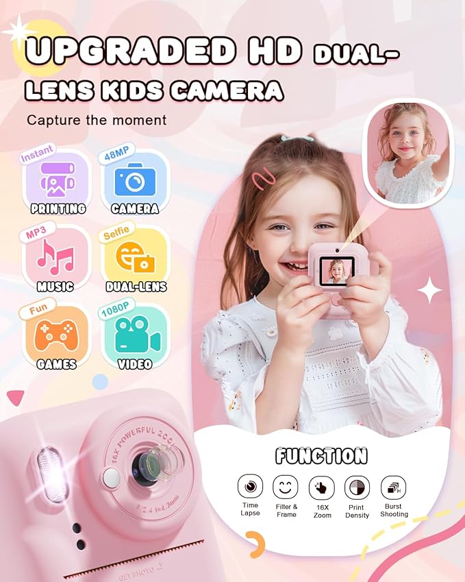 JOYJAM Kids Camera Instant Print, Upgrade Dual-Lens Selfie Digital Camera for Kids, HD 1080P, Christmas Birthday Gifts Toys for Girls Age 3-12, Toddler Portable Toy with SD Card 3 Rolls Print Paper-CubbioJoy