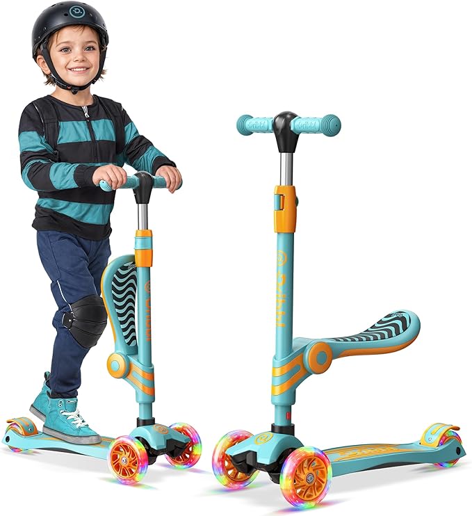 Aqua Orange 3 Wheel Scooter with Seat for Kids – Light-Up LED Wheels, Adjustable Handlebar and Seat, Smooth PU Wheels, Wide Anti-Slip Deck, Rear Foot Brake – Toddler Outdoor Toys for Ages 2+-CubbioJoy