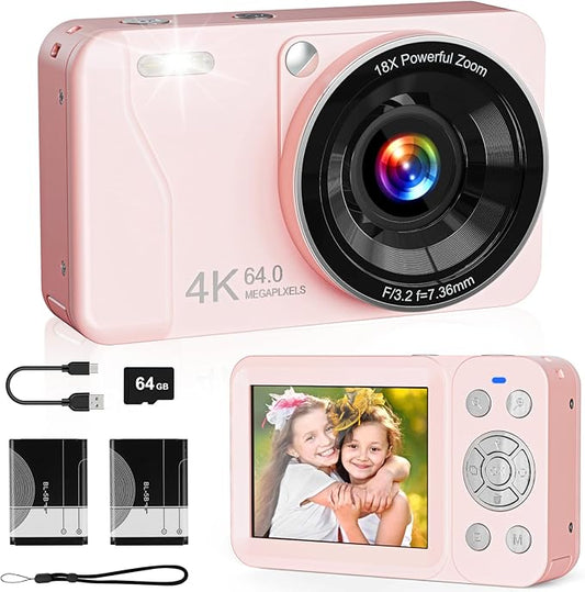 Digital Camera, 4K 64MP, 18X Zoom, Point and Shoot Digital Camera with 64GB TF Card & 2 Batteries, Portable Rechargeable Small Camera for Kids Teens Adult, Pink-CubbioJoy