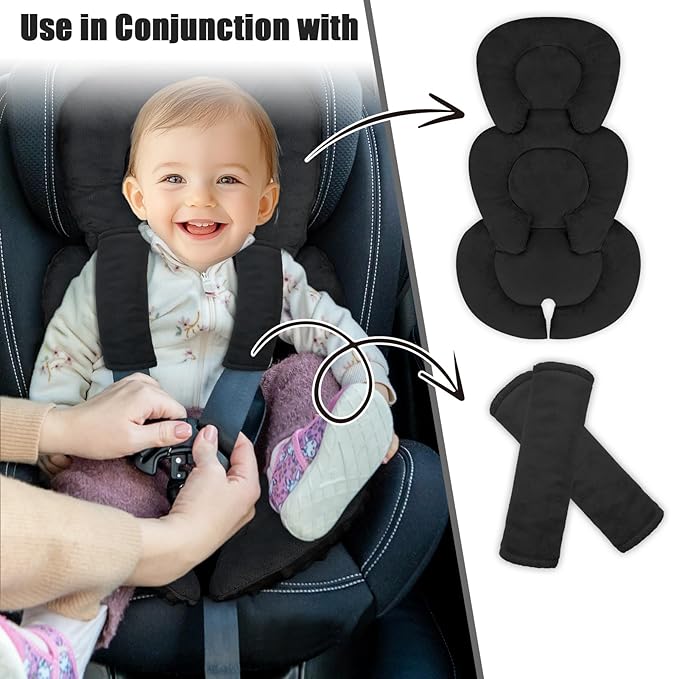 Infant Car Seat Insert Head and Body Support, GFU Reversible Newborn Insert for Carseat with Strap Pads, Soft Stroller Cushion Pillow Insert for Boys and Girls, Fits for Stroller, Swing, Black-CubbioJoy
