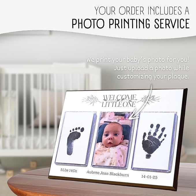Baby Hand and Footprint Kit with Photo & Birth Details, Inkless Hand and Footprint Kit, Newborn Keepsake Plaque, Baby Shower Gifts (STYLE 1 (Fully Personalized) (Welcome Little One))-CubbioJoy