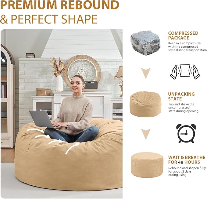 3FT Bean Bag Chair, Comfy Bean Bag Chairs with Memory Foam Filled, Fluffy Beanbag Sofa with Dutch Velvet Cover, Round BeanBag Chairs for Living Room, Playroom - Khaki-CubbioJoy