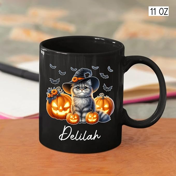 Customized Halloween British Longhair Mug with Name, Personalized British Longhair with Pumpkins Coffee Cup, Witch Cat Ceramic Mug, Pet Halloween Black Cup 11oz 15oz, Gift for Cat Dad Mom-CubbioJoy