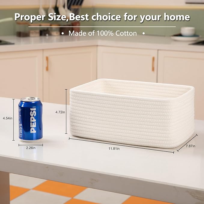 4 Pack Small Storage Shelf Baskets for Organizing, Mini Woven Rope Storage Bins for Towels, Cute Decorative Closet Organizer，Baby Nursery, Gift Empty Baskets -11.81''Lx7.87''Wx4.72''H-White-CubbioJoy