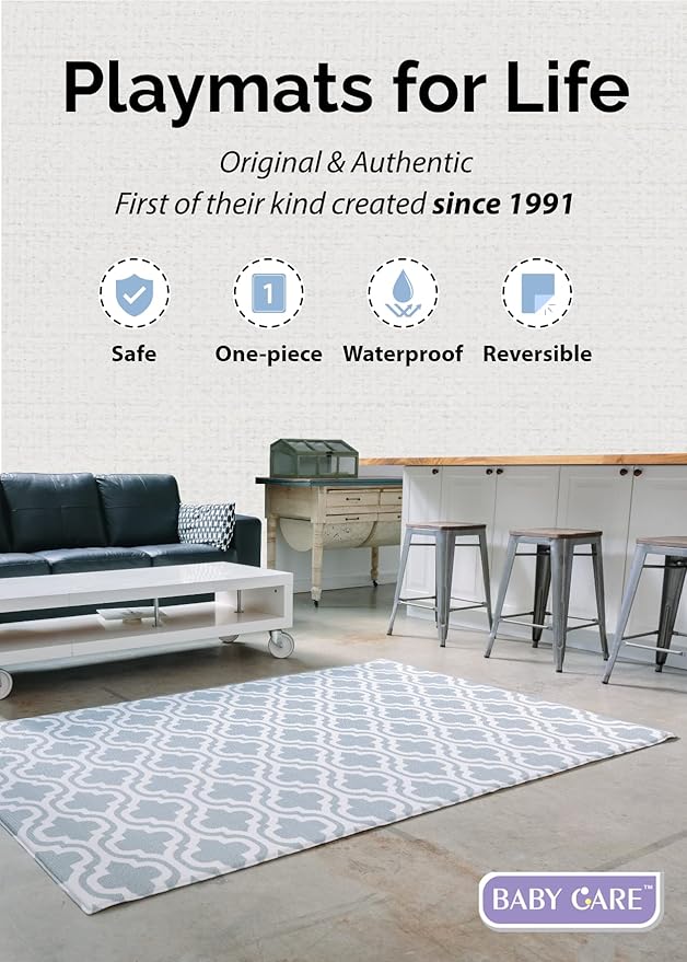 Baby Care Play Mat (Medium, Moroccan - Blue) 73’’ x 49’’ Original One-Piece Reversible Rollable Waterproof Play Mat for Infants, Babies, Toddler, and Kids-CubbioJoy