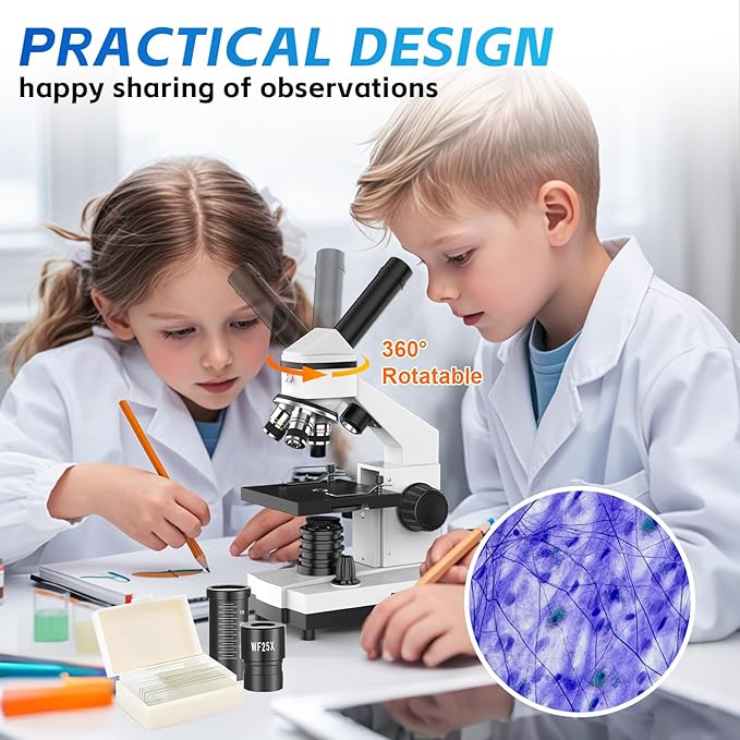40X-2000X Monocular Microscope for Adults & Kids - Wozel Compound Microscopes for Kids with Dual LED Lights - Professional Biological Microscope with Phone Adapter Slide Set for School Home Education-CubbioJoy