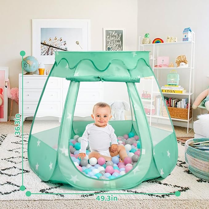 Baby Ball Pit for Toddler with 50 Balls, Pop Up Tent Kids with Star Lights for 1 2 3 Year Old Birthday Gift, 12-18 Months Baby Girl Toys with Carrying Bag, Indoor&Outdoor Play Tent for Kids(Green)-CubbioJoy