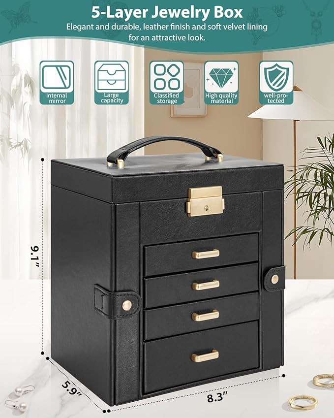 AKOZLIN 5-Tier Jewelry Box Leather Jewelry Storage Organizer with 4 Drawers Lockable for Women Girls Ring Necklace Earring Bracelet Watches Holder with Mirror Black-CubbioJoy