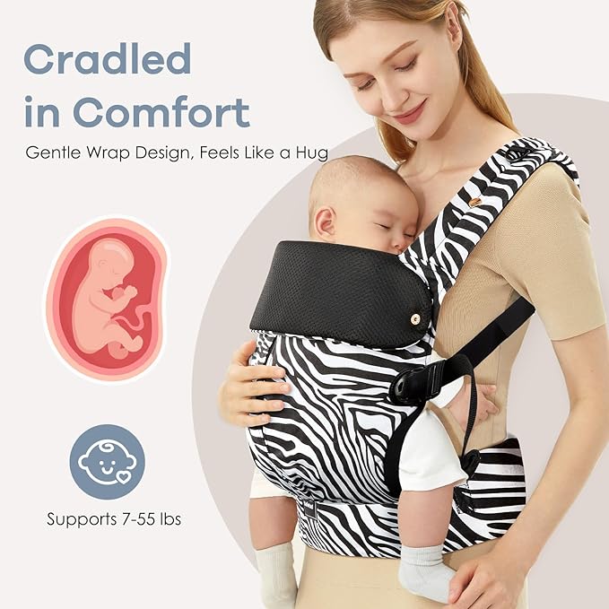 Baby Carrier with Lumbar Support, Cozy Baby Carrier Newborn to Toddler with Adjustable Seat Size, Ergonomic Infant Carrier with 3-Way Carry, Front Facing Toddler Hodler Carrier for Mom & Dad, Zebra-CubbioJoy