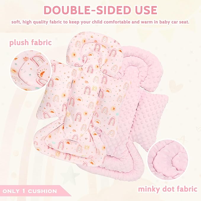 Infant Car Seat Insert and Strap Covers, Very Soft Car Seat Head Support Baby Girl Boy, Reversible Newborn Carseat Insert Cushion Fits for Stroller, Baby Swing, Bouncer (Pink Rainbow)-CubbioJoy