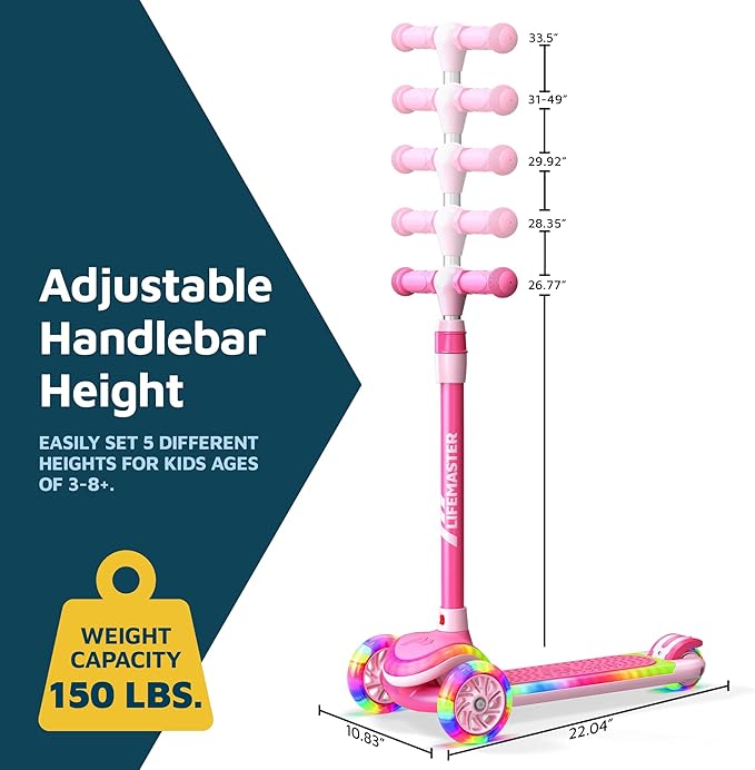 3-Wheel Kids Scooter with Multi-Color Lights on Deck & Wheels – 5-Height Adjustable Handlebar, Wide Anti-Slip Deck, Child Safety Certified, Boys & Girls Ages 3+ Supports Up to 150 lbs-CubbioJoy