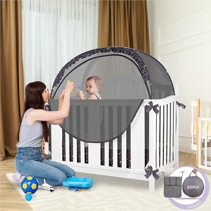 Baby Safety Crib Tent Infant Pop up Mosquito Net Nursery Bed Canopy Netting Cover - Keep Baby from Climbing Out with Hanging Diaper Storage Bag (Dark Gray)-CubbioJoy