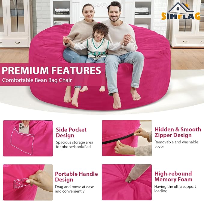 6FT Bean Bag Chair, Large Bean Bag Chairs with Memory Foam Filled, Fluffy Beanbag Sofa with Dutch Velvet Cover, Round BeanBag Chairs for Living Room, Playroom - Pink-CubbioJoy
