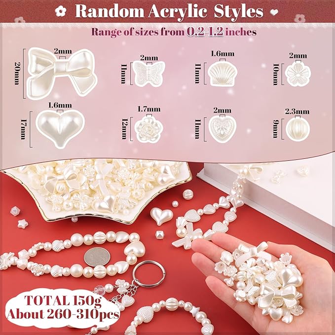 Assorted 270-320PCS Mix ABS Imitation Pearl Beads for Bracelet Making, Bow Butterfly Heart Kawaii Aesthetic Acrylic Beads,Cute Bead for Jewelry Making DIY Necklace Keychain Phone Charms-CubbioJoy