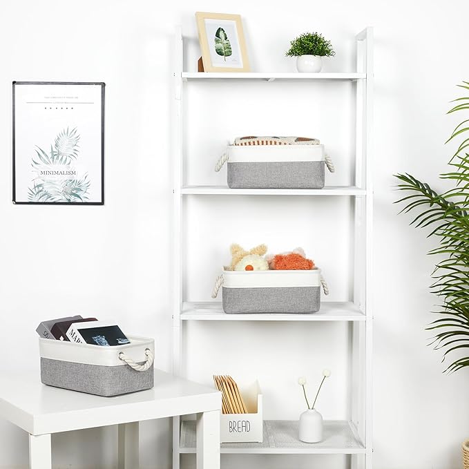 Bidtakay Small Baskets Fabric Storage Baskets for Organizing 3-Pack 12x8x5 Inch Collapsible Storage Bins for Shelves Canvas Bins for Closet Organization Home Baskets Storage Linen Closet S-White&Grey-CubbioJoy