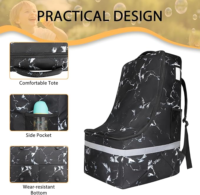 Car Seat Travel Bag for Airplane,Infant Seat Travel Bag with Shoulder Strap,Padded Car Seats Backpack with Reflective Stripes,Large Carseat Carrier Bag Travel Car Seat Cover, Black marble-CubbioJoy