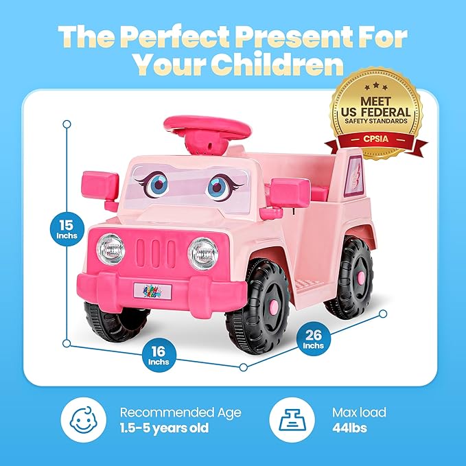 6V Toddler Ride-On Car with Horn LED Front Light Rear Storage and Eyes Theme – Fun & Safe Electric Car for Boys & Girls 18+ Months – Perfect for Little Explorers(Pink Eyes)-CubbioJoy